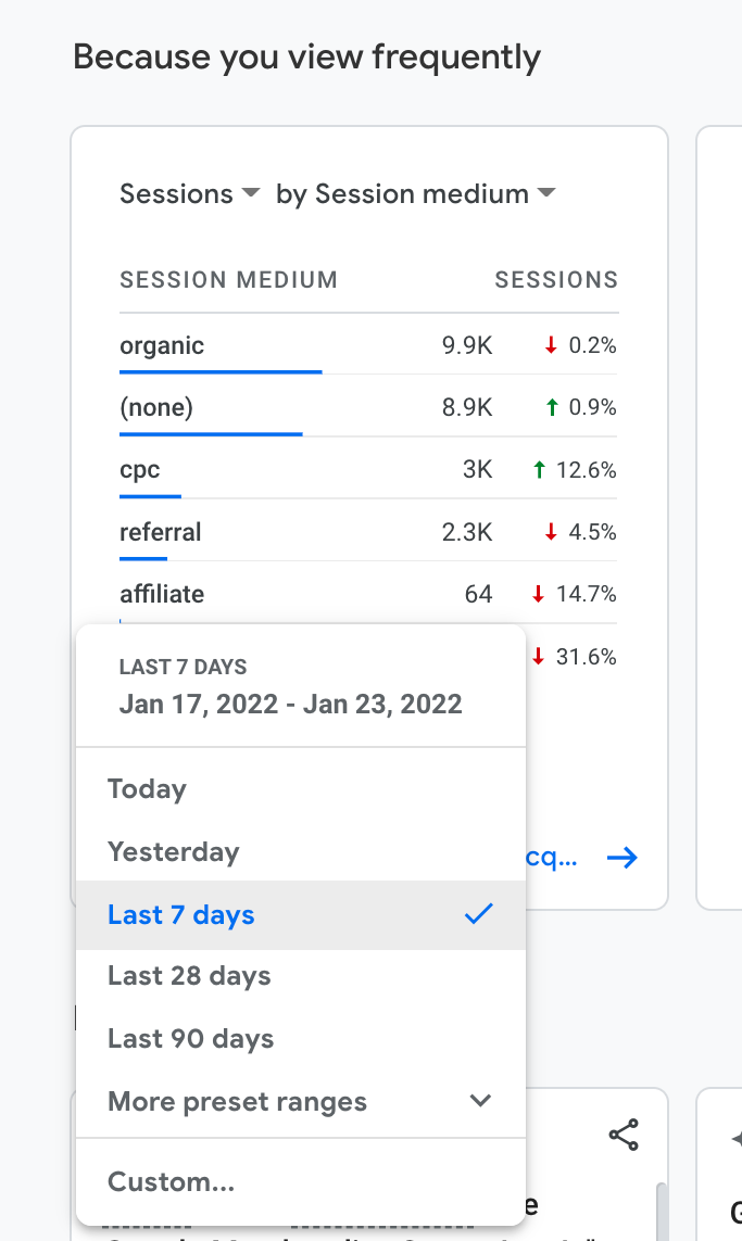 Capture d'écran du menu déroulant des sept jours sélectionnés avec d'autres options de date.