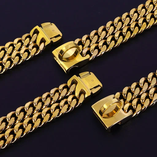 Strong Dog Chain Collar Gold Stainless Steel Pet Training Collars Cool Dog Metal Collar For Medium Large Dogs Pitbull Bu