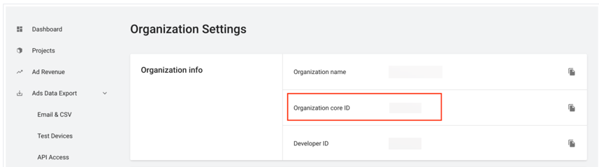 Exemple de l'ID principal de l'organisation sur la page des paramètres de l'organisation dans Unity Ads.