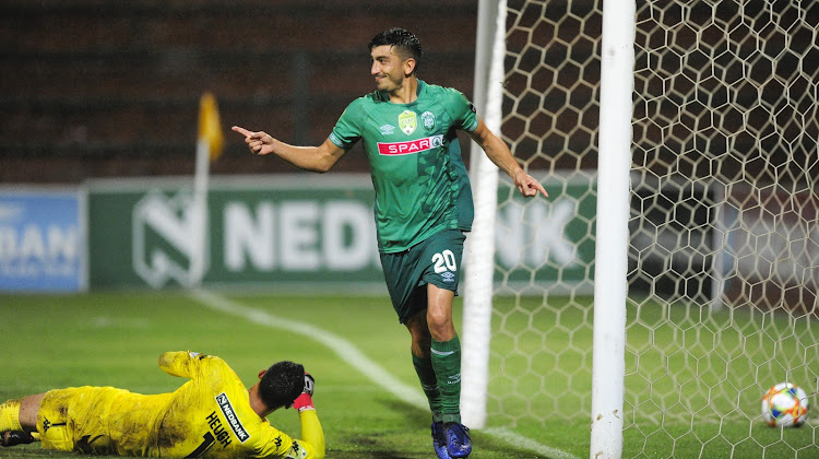 Emiliano Tade of AmaZulu FC scores from a penalty spot past the defence of goalkeeper Marlon Heugh of Highlands Park during the Nedbank Cup first round match at King Zwelithini Stadium on January 25 2019.