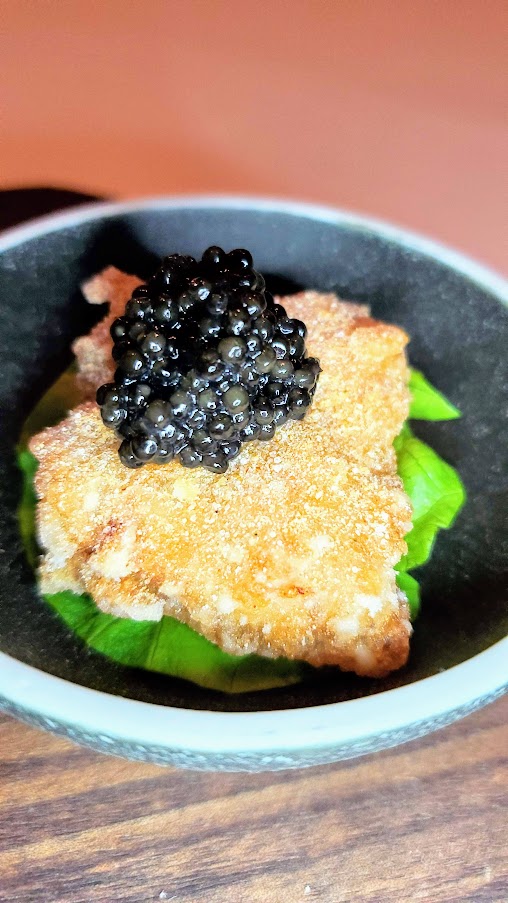 Chef's Menu Experience at Castagna: fried chicken karaage (topped with an optional supplemental cost of Osetra Caviar) on a lettuce cup