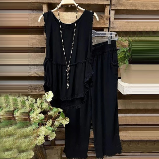 Title 5, Sleeveless Top With Fringed Straight Pants Two-...