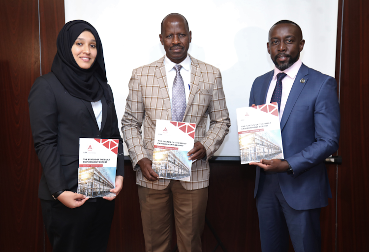 Kenya Green Building Society CEO Nasra Nanda, Chief Architect, State Dept of Public Works Lawrence Mochama and Architectural Association of Kenya president Wilson Mugambi, during the release of Status of Built Environment 2022 Report in Nairobi/ HANDOUT