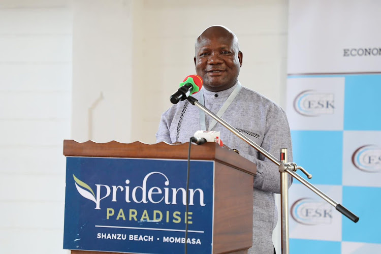 Kakamega Governor Fernandes Barasa speaking during the Economists Society of Kenya's Inaugural Annual National Conference in Mombasa on May 7, 2024,