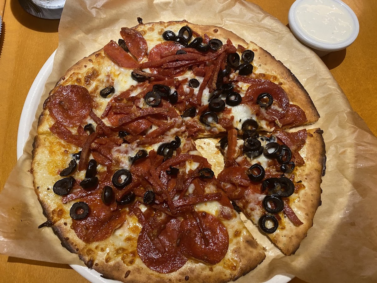 Pepperoni Extreme GF Pizza with black olives