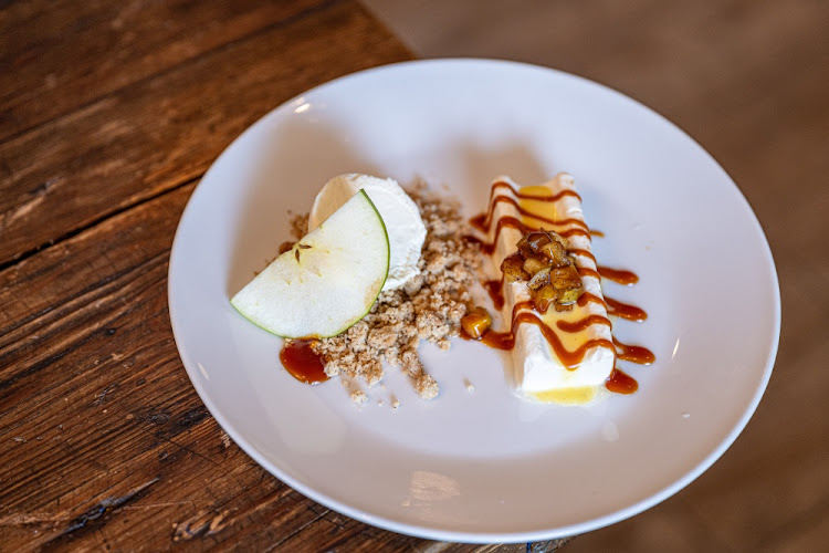 Reddy's dessert of yoghurt mousse, vanilla parfait, cinnamon crumble, apple compote, ginger curd, salted caramel and apple slices.