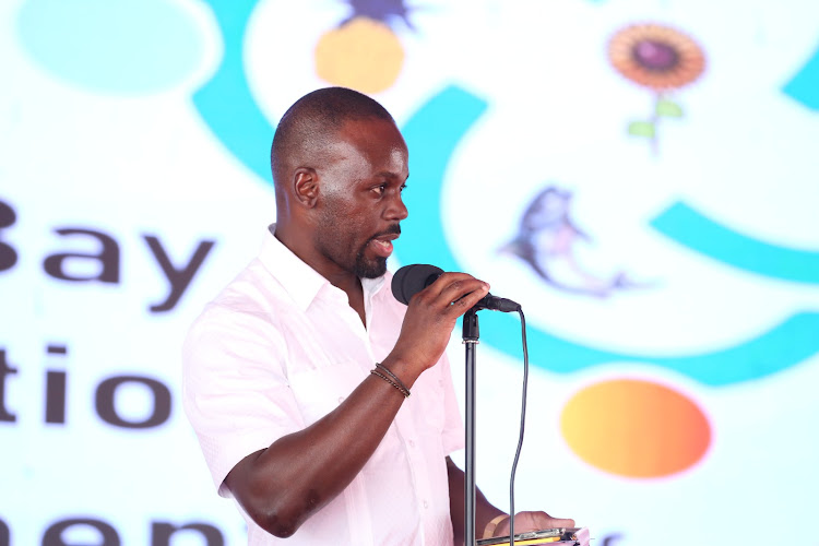 Homa Bay Senator Moses Otieno Kajwang at the Tom Mboya University for the Homa Bay investment conference on February 27,2024.