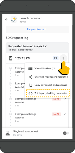 An example of where to access the "Third-party bidding parameter" view in ad inspector