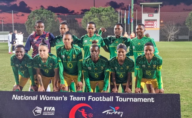 The Banyana Banyana team that beat Uzbekhistan 3-0 in their Turkish Women's Cup game at Gold City Sport Complex in Alanya, Türkiye on February 18 2023.