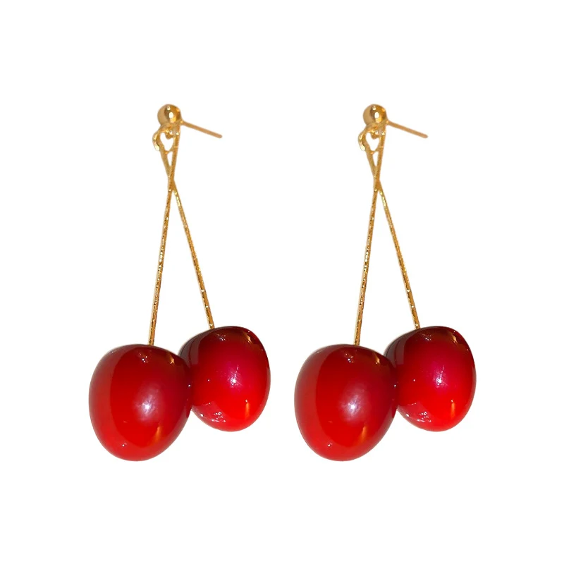 Brincos de cereja de acrílico vermelho doce para um visual divertido. Leves, estilosos e perfeitos para adicionar um toque especial ao seu look.