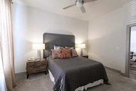 Bedroom with carpet, ceiling fan, bed, and nightstands