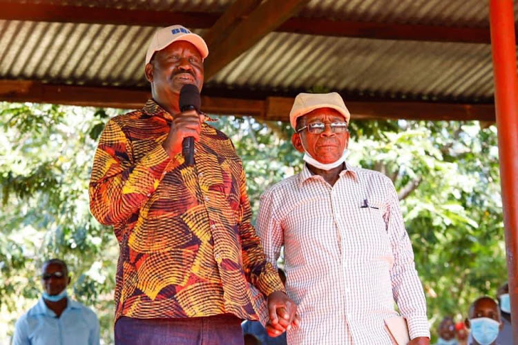 Raila Odinga when he met with Mzee John Mwavuda in Mombasa