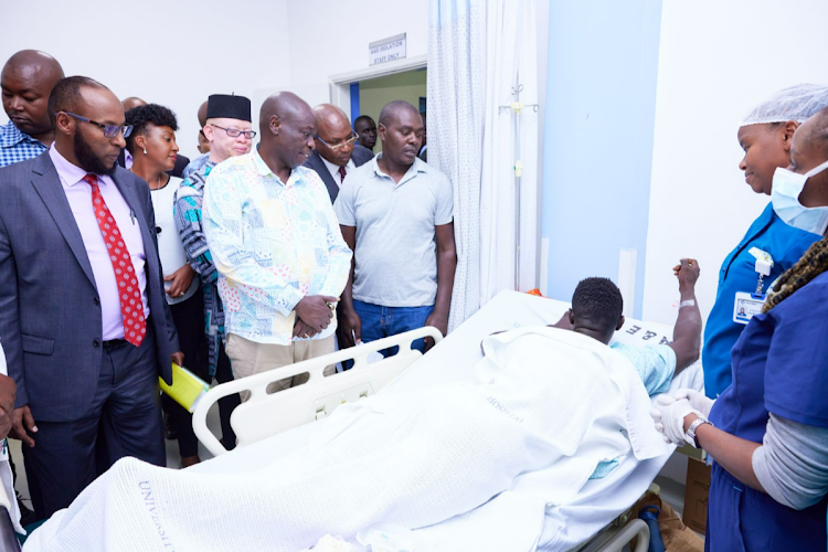 Deputy President Rigathi Gachagua visits a victim of the Embakasi gas explosion incident in hospital on Friday, February 2, 2024.