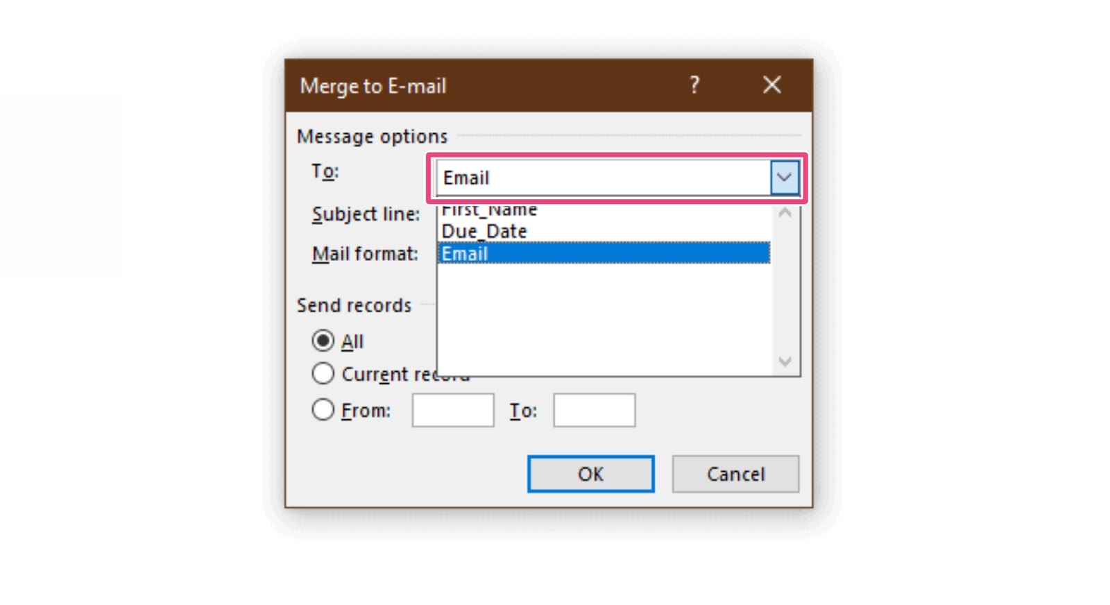 Merge to E-mail dialogue box