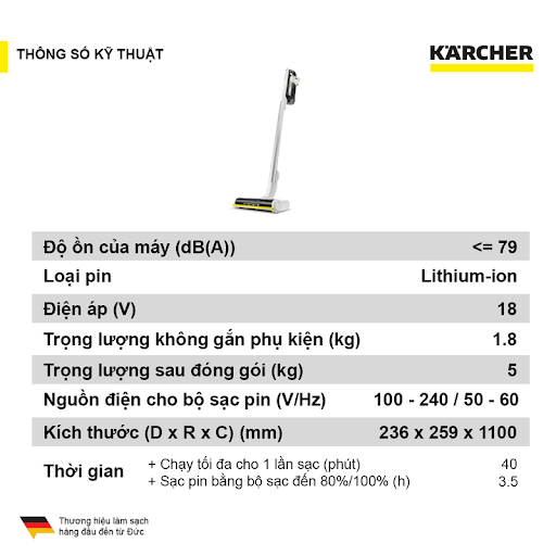 Máy hút bụi cầm tay Karcher VCS 3 Cordless, Máy hút bụi dùng pin 18V Lithium-ion, có độ ồn thấp