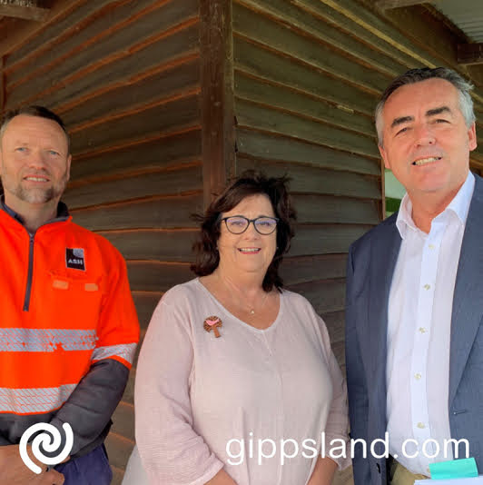 From left, Vince Hurley from Australian Sustainable Hardwoods in Heyfield, Karen Stephens from Timber Towns Victoria and Federal Member for Gippsland Darren Chester attended a timber industry round table in Heyfield this week