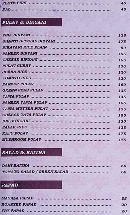 Shanti Caffee House Veg menu 