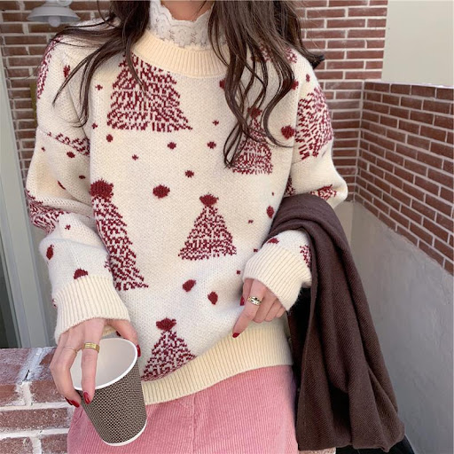 Title 6, Red Christmas Tree Jacquard Warm Sweater Women