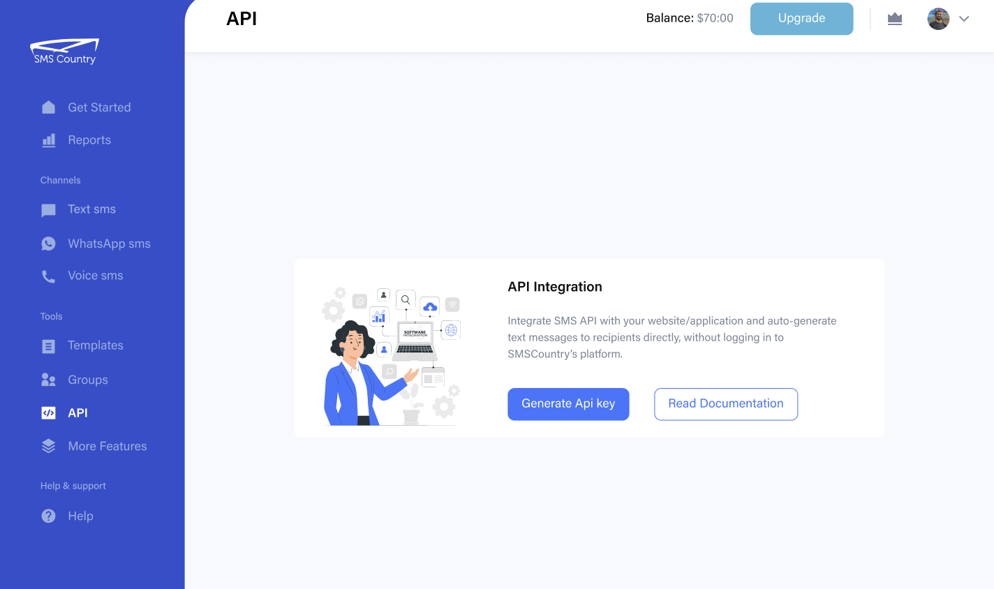 The API page on SMSCountry's SMS webapp showing the ease of integration | Infobip vs Twilio vs SMSCountry