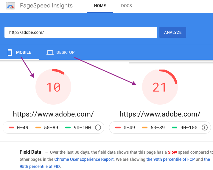 Captura de pantalla de la herramienta Page Speed Insights, que te permite saber la velocidad de tu web. 