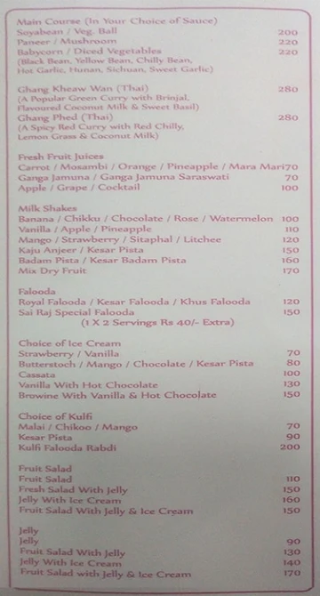 Sai Raj menu 