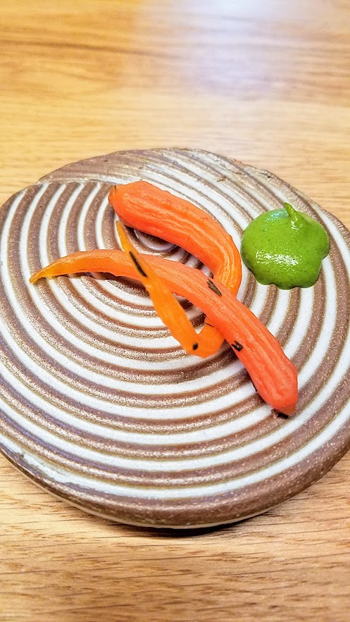 Farm Spirit Winter 2019, starter of Carrot jerky with herb puree