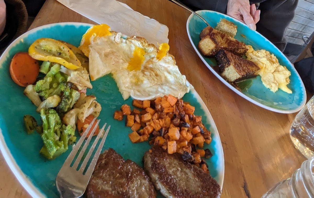 French toast +eggs and two egg platter (over medium eggs, sweet potato hash, vegetables, sausage patties)