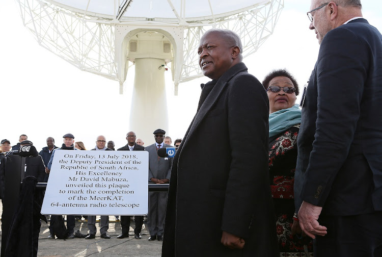 Deputy President David Mabuza‚ Minister of Science and Technology Mmamoloko Kubayi-Ngubane and Minister of Higher Education Naledia Pandor at the launch of the MeerKAT radio telescope in the Northern Cape on July 13‚ 2018.