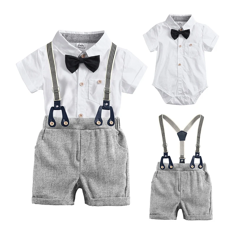 Ensemble bébé trois pièces, barboteuse, bavoir et nœud papillon, parfait pour les occasions spéciales et le quotidien, doux et confortable.