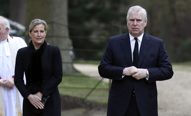 Sophie, Countess of Wessex, and her husband Prince Andrew attend Sunday Service at the Royal Chapel of All Saints on April 11 2021 in Windsor, England.