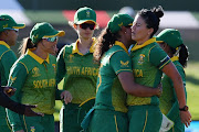 South African players celebrate after winning the Round 1 Women's Cricket World Cup match between South Africa and Bangladesh at University Oval in Dunedin.