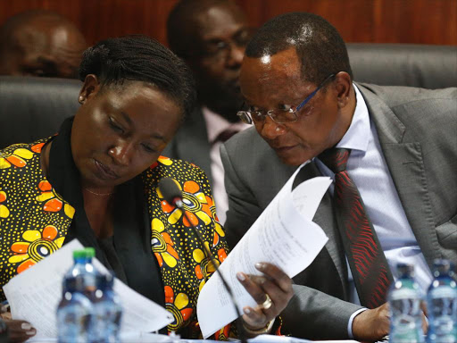 Then Public Service and Youth Affairs Principal Secretary Lillian Omollo with then NYS Director-General Richard Ndubai before the parliamentary Public Accounts Committee on the alleged fraudulent loss of Sh9 billion at the National Youth Service, May 25, 2018. /JACK OWUOR