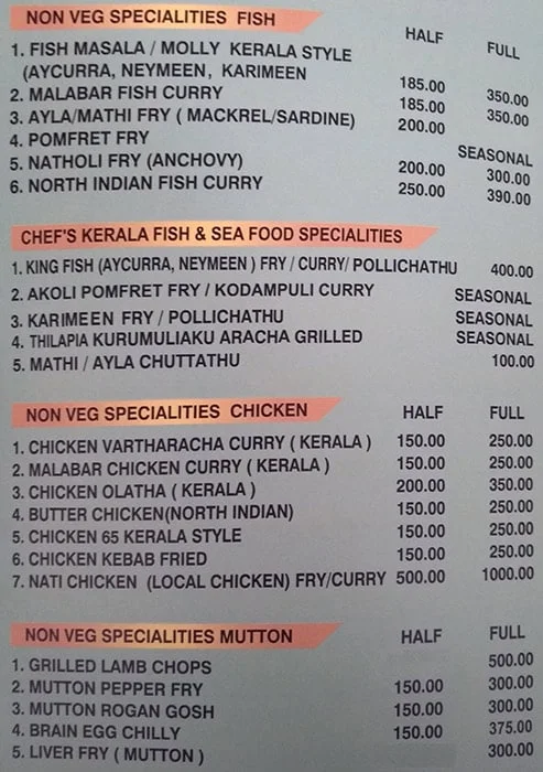 Malabar Restaurant menu 