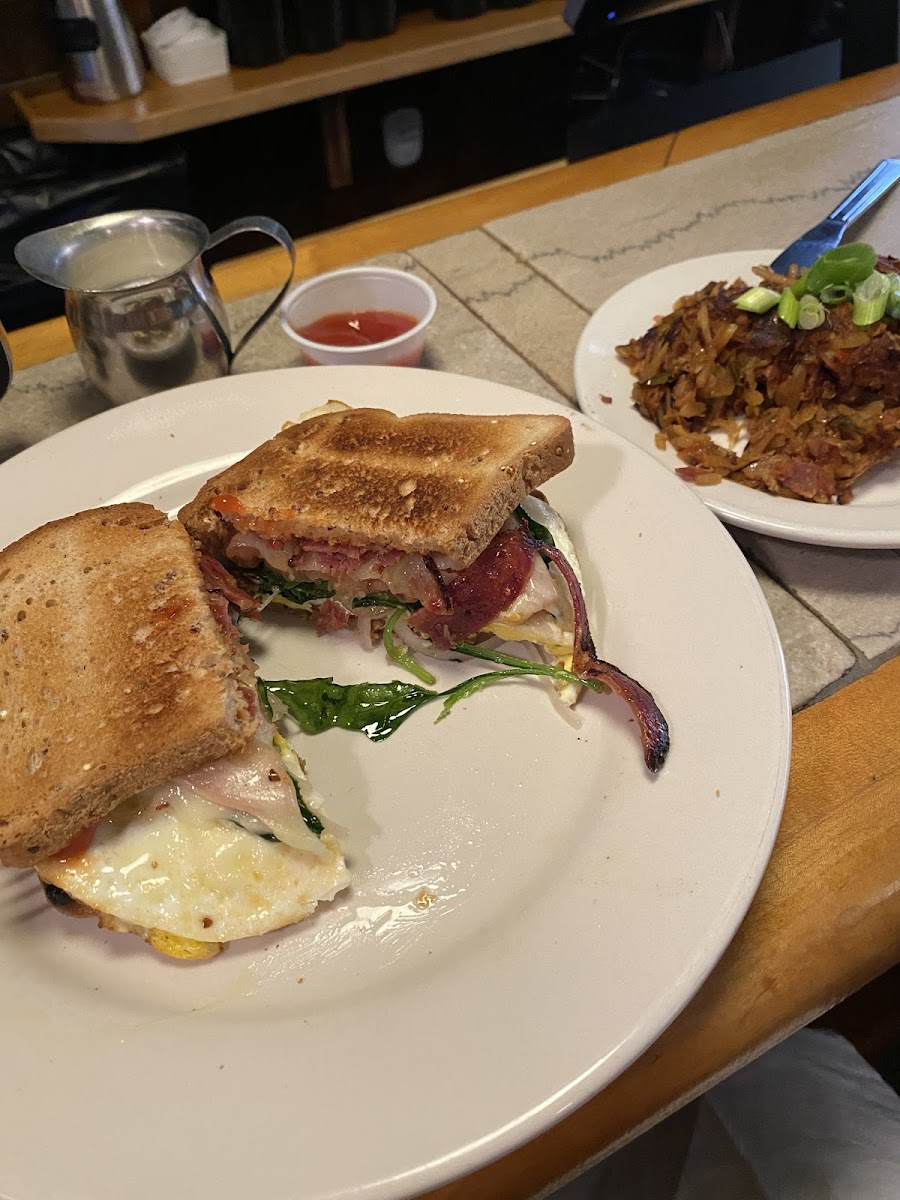 Breakfast sandwich and hash