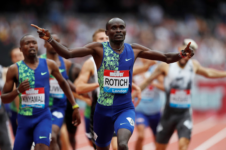 Kenya's Ferguson Cheruiyot Rotich celebrates winning the men's 800m