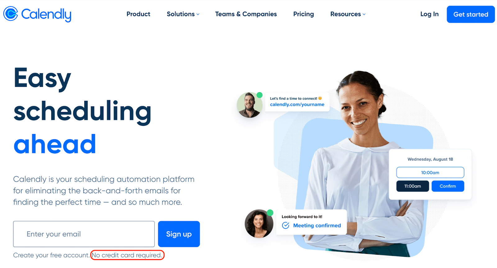 an image of Calendly's homepage showing that no credit card is required creating an account