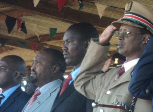 Uasin Gishu County Commissioner Abdi Mohammed (R) with with county Governor Jackson Madango during the Madaraka day celebrations in Eldoret on Saturday Photo/Mathews Ndanyi