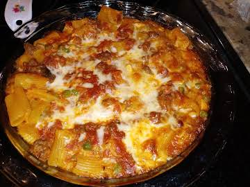 Authentic Baked Ziti with Meat Sauce, Egg and Peas