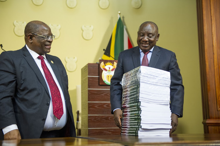President Cyril Ramaphosa receives the fifth and final report of the state capture commission from Chief Justice Raymond Zondo at the Union Buildings on June 22, 2022. Picture: Gallo Images/Alet Pretorius