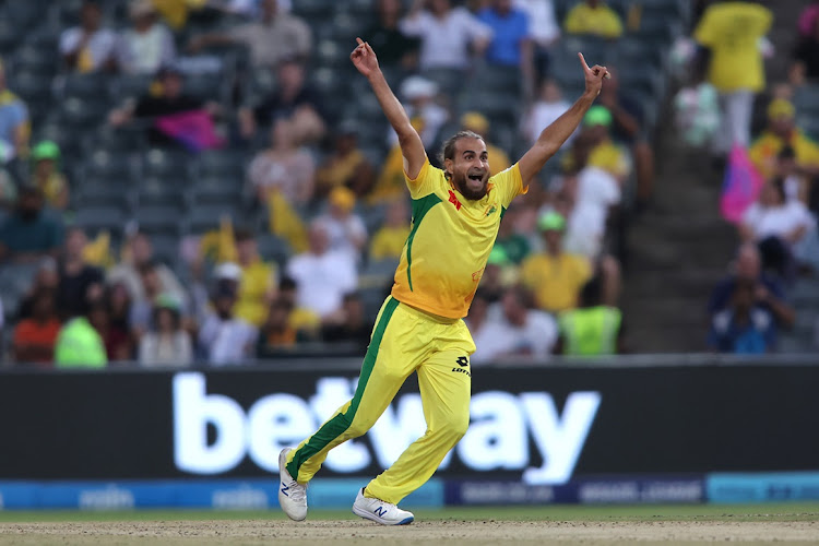 Imran Tahir celebrates getting the wicket of Paarl Royals captain David Miller in the SA20 Eliminator 1 match at the Wanderers on Wednesday night.