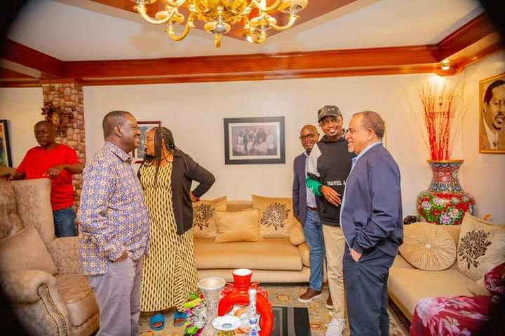 ODM leader Raila Odinga, Mama Ida, Suleiman Shahbal and Public Service CS Moses Kuria at the Odinga's Karen home on April 7, 2024.