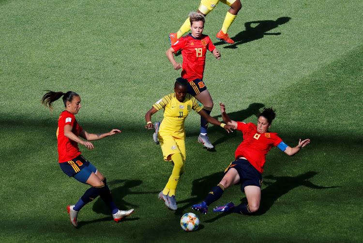 Thembi Kgatlana springs away from her markers during a Fifa Women's World Cup group match between South Africa's Banyana Banyana and Spain at Stade Ocean in Le Havre in France on June 8 2019.