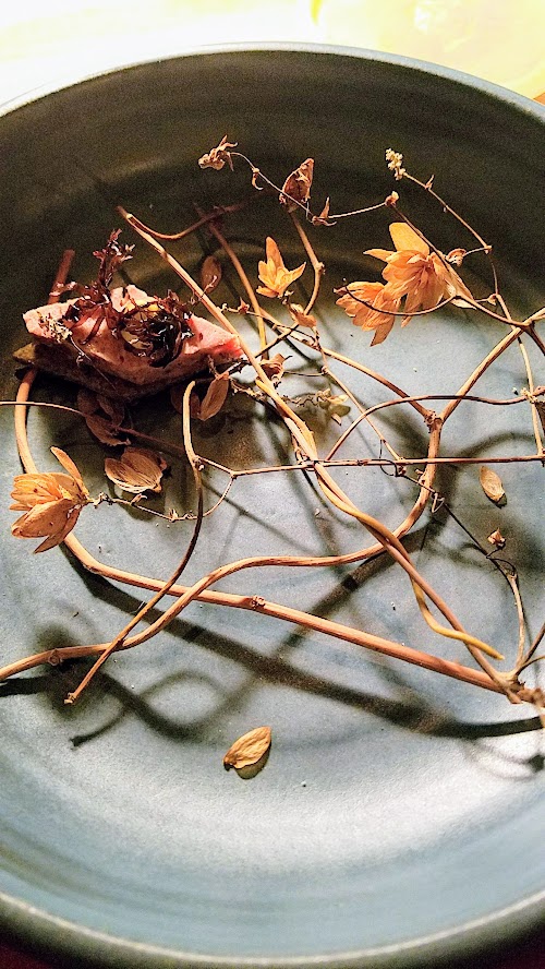 Langbaan PDX Chefs Who Inspire Dinner with Justin Woodward, snack of Antelope pate with beef heart remoulade and seaweed cracker, artfully plated