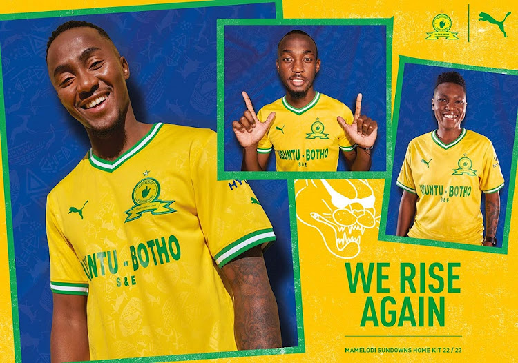 A promotion picture released by Mamelodi Sundowns of their new home kit for the 2022-23 season.