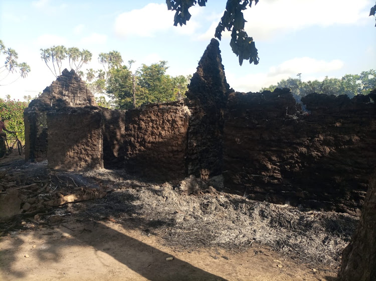 A house that was reduced to ashes by suspected al Shabaab militants in Widho Village in Lamu West on July 12,2023.