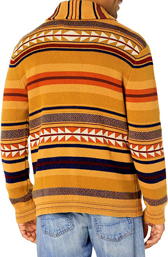 Title 5, Mens contrasting color jacquard knitted cardig...