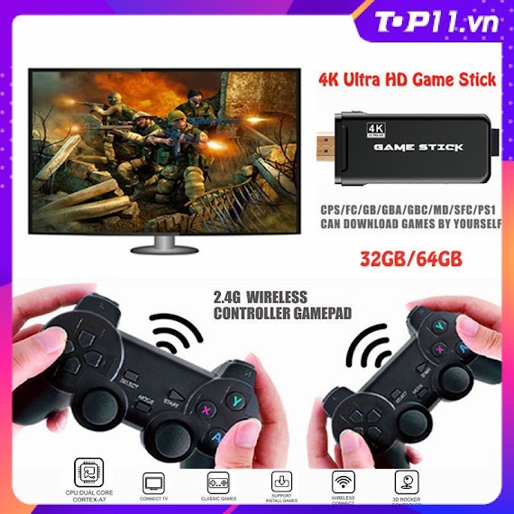 Máy Chơi Game 10000 Trò - Game Stick 4K Kèm 2 Tay Cầm Chơi Game - Kết Nối Tivi Hdmi For Ps1/Ps2