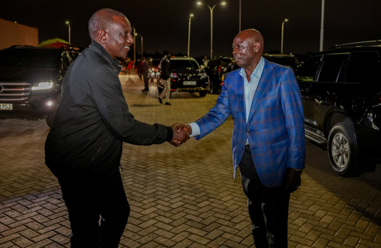 President William Ruto shakes hannds with his deputy Rigathi Gachagua on Sunday, May 19, 2024 before starting his journey to United States of America for a State Visit.