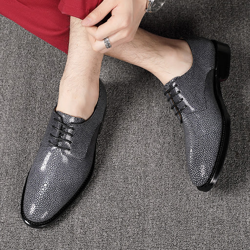 Title 3, Pearl Fish Skin Mens Shoes Pure Manual Lace Up...