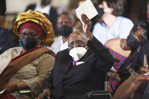 Archbishop Emeritus Desmond Tutu and his wife Leah Tutu celebrate his 90th birthday at St George's Cathedral in Cape Town on Thursday.